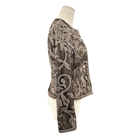 Carmen Marc Valvo Grey Floral Long Sleeves Embroidered Lace Jacket Size 2 - Picture 2 of 9